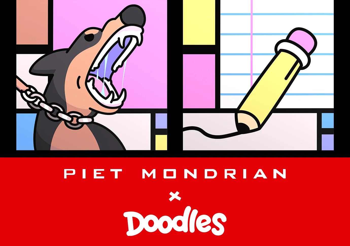 Piet Mondrian x Doodles Key Visual mit Doodle Dog, Doodle Pencil und farbigen Rasterelementen
