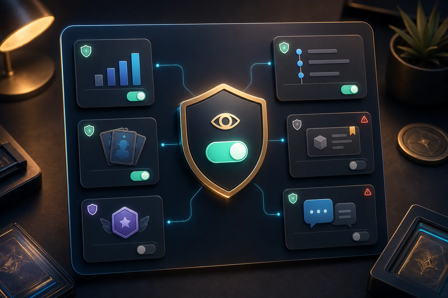 Privacy-Dashboard mit Schutzschild, Toggles und Karten für Stats, Sets, Rank, Activity, Listings und Kommentare im VeVe Profil