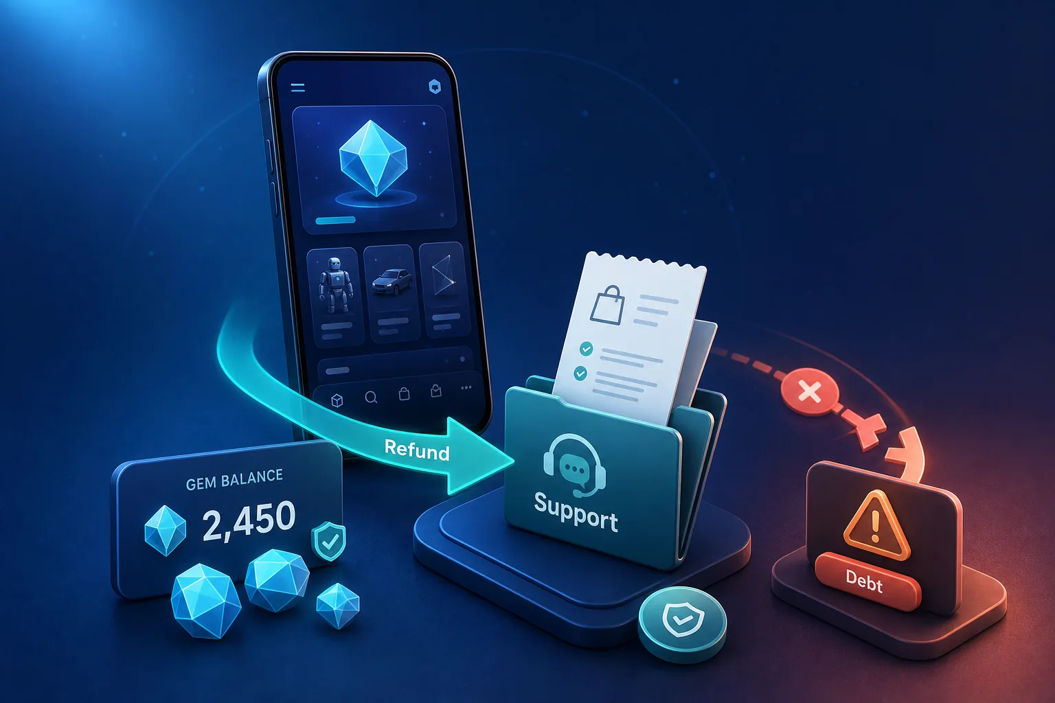 Smartphone mit Gem-Balance, Refund-Pfeil, Support-Ordner und Debt-Warnchip auf blauem VeVe-Desk.
