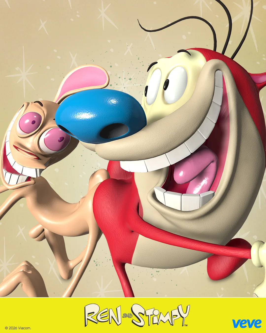 Ren und Stimpy lachen im Nahmotiv eines VeVe Digital Collectibles mit gelbem Branding-Streifen