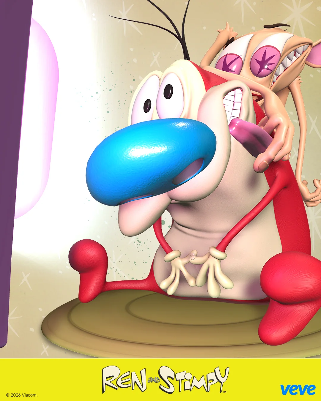 Stimpy sitzt im Vordergrund, waehrend Ren hinter ihm in einem ueberdrehten VeVe Collectible-Motiv erscheint