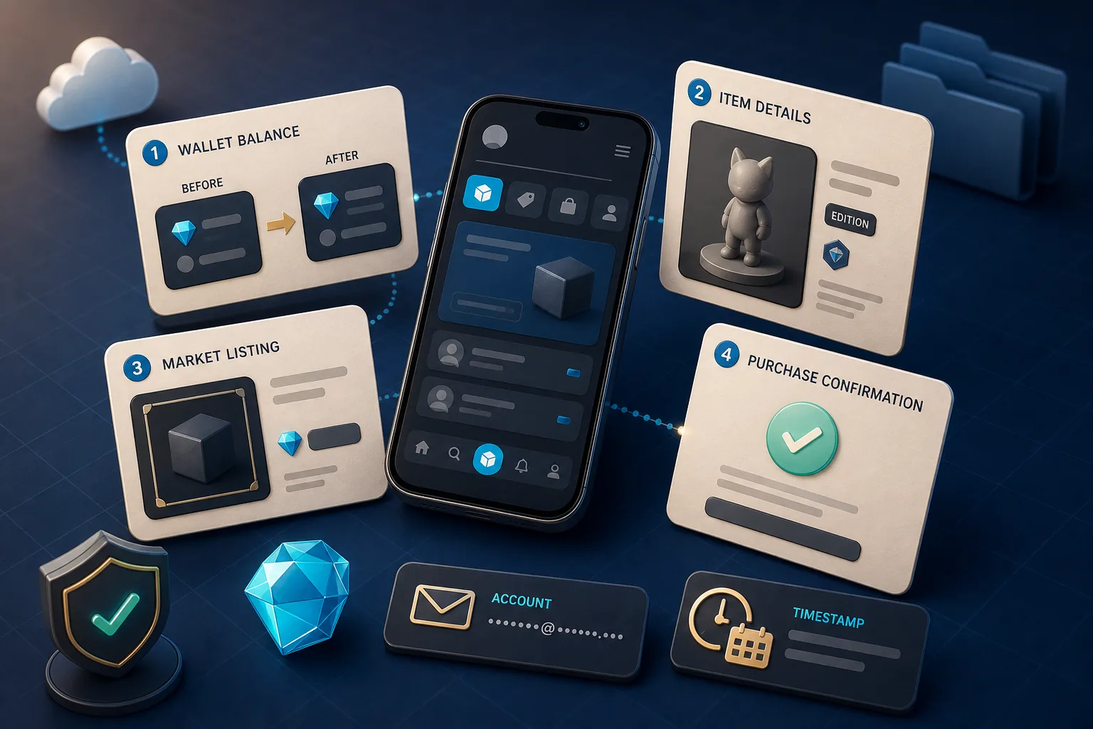 Smartphone mit vier Screenshot-Karten zu Wallet-Balance, Item-Detail, Market-Listing und Kaufbestätigung.