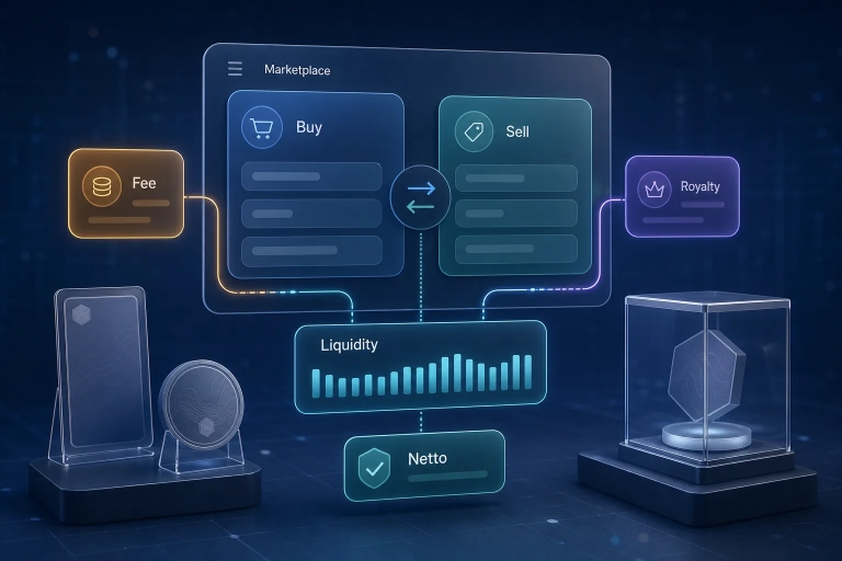 Isometrisches Marketplace-Dashboard mit Buy/Sell-Karten, Fee- und Royalty-Chips sowie Liquiditätsbalken für VeVe.