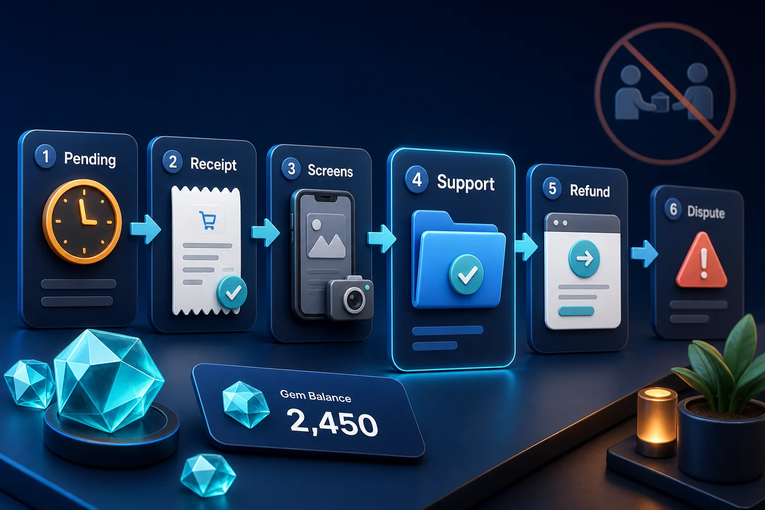 Sechs VeVe-Prozesskarten von Pending bis Dispute mit Receipt, Screenshots, Support-Ticket und Gems.