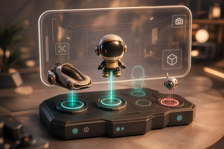 Generische VeVe-App-Szene mit Diorama-Base, Snap-Ringen und zwei einrastenden digitalen Collectibles.