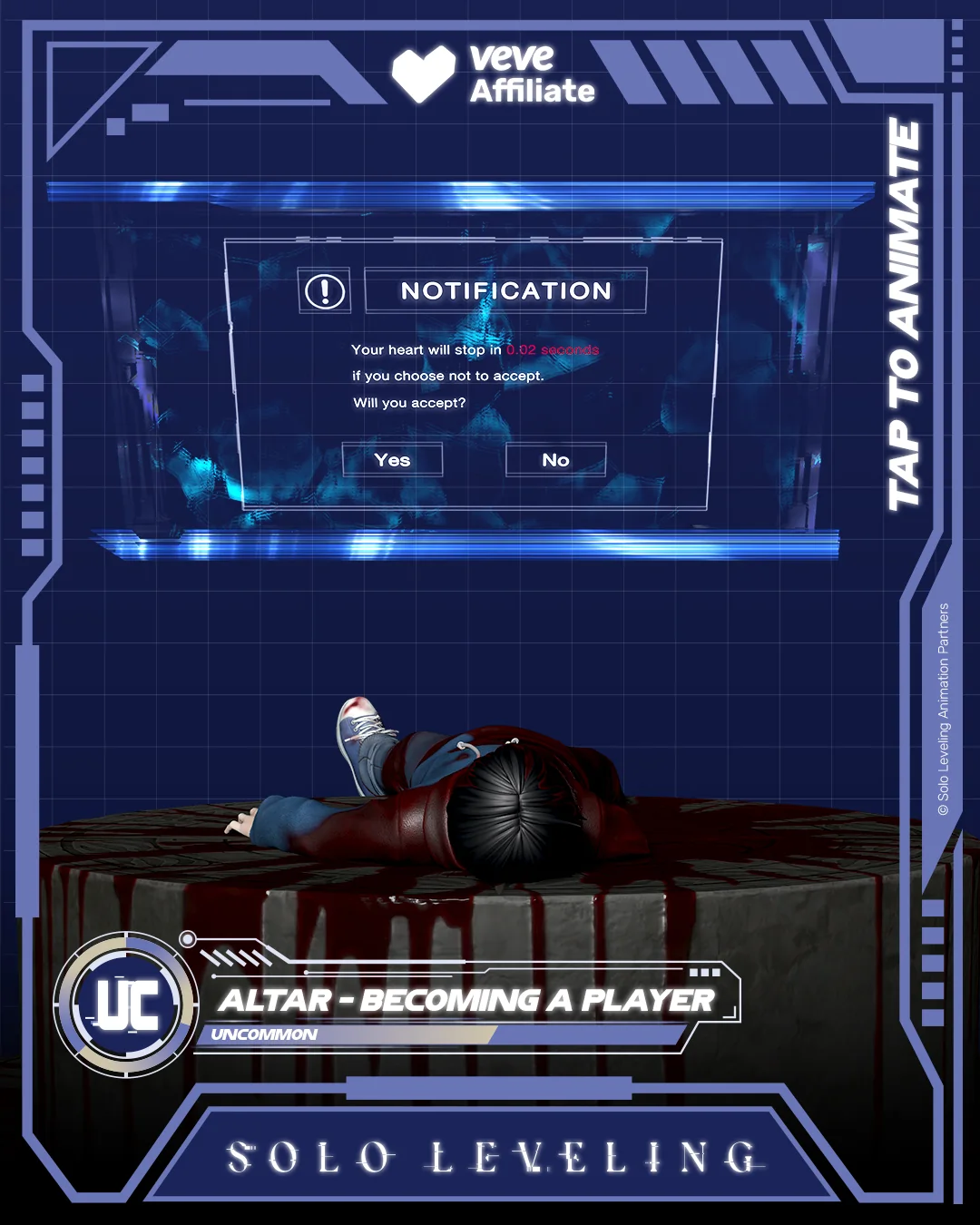 VeVe Karte zu Solo Leveling Altar Becoming a Player mit System-Benachrichtigung und Uncommon-Hinweis