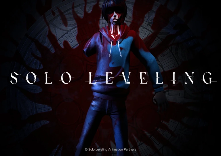 VeVe Solo Leveling Altar Becoming a Player mit Sung Jinwoo vor dem blutroten Cartenon-Temple-Motiv
