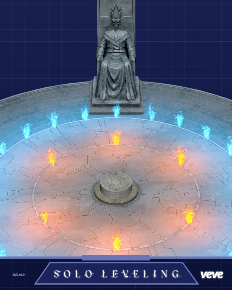 VeVe Solo Leveling Cartenon Temple Diorama mit Statue of God, Altar und blau-orangen Flammen