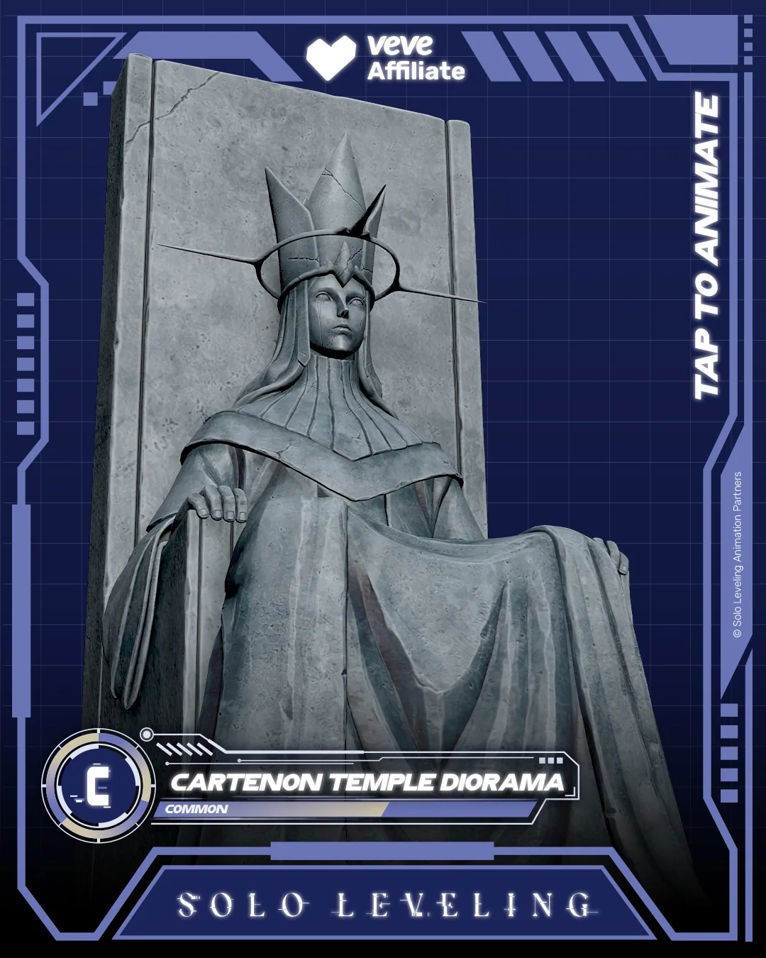 VeVe Karte zum Solo Leveling Cartenon Temple Diorama mit Statue of God und Hinweis auf Common-Rarität