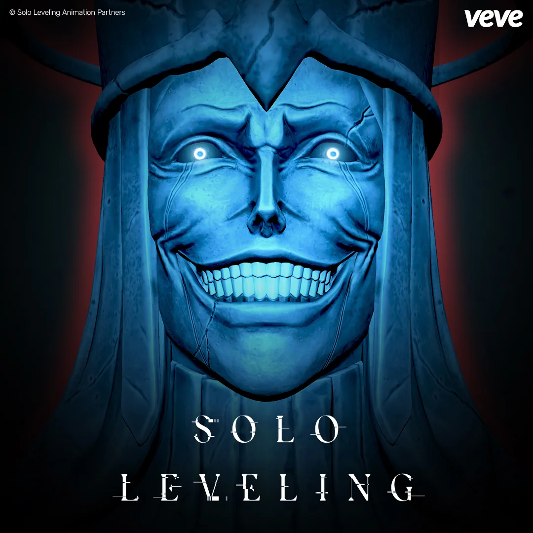 Nahaufnahme der Statue of God aus dem Solo Leveling Cartenon Temple Diorama mit leuchtenden Augen