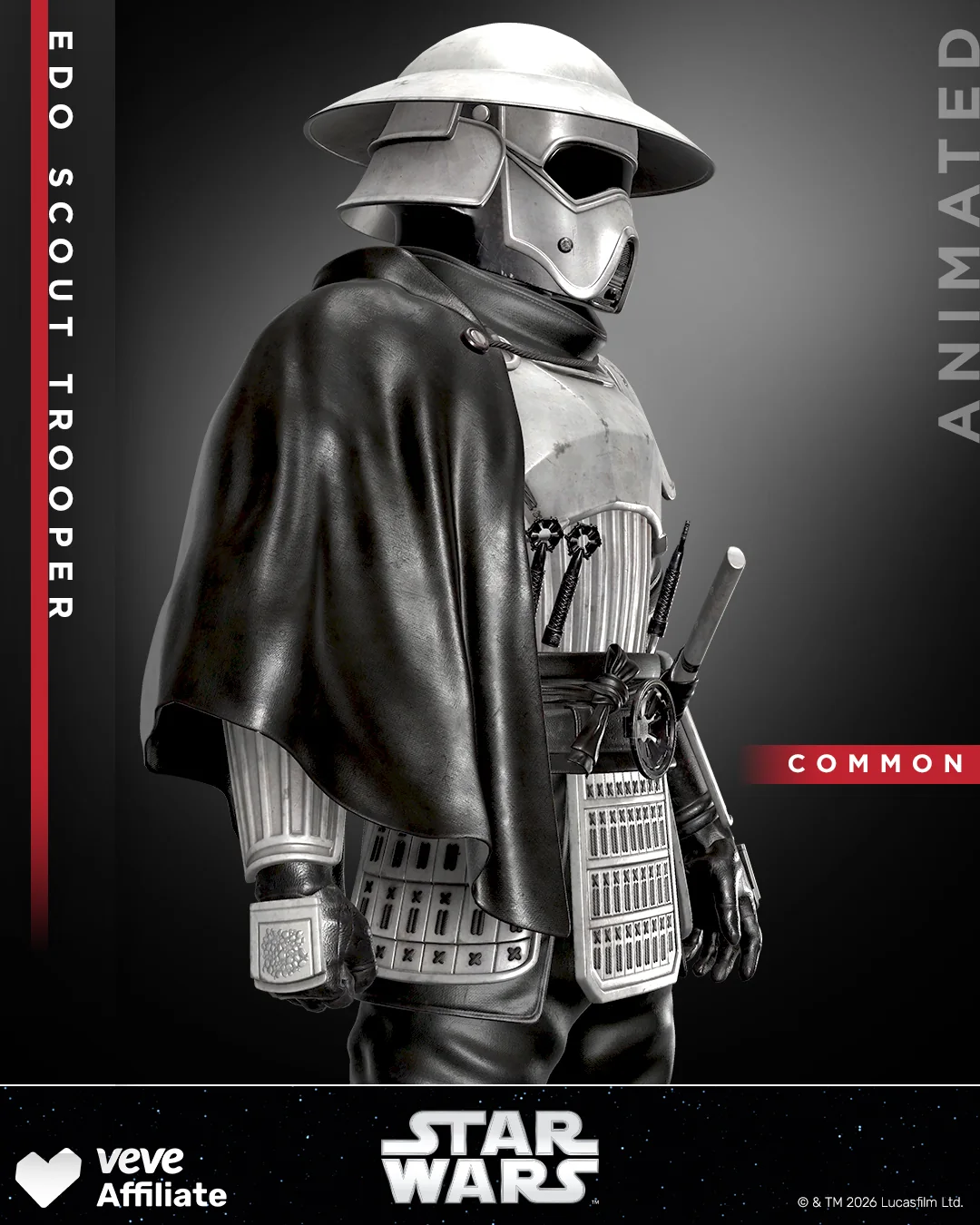 Edo Scout Trooper Common Collectible auf VeVe mit seitlicher Pose, Cape und Edo-inspirierter Rüstung.