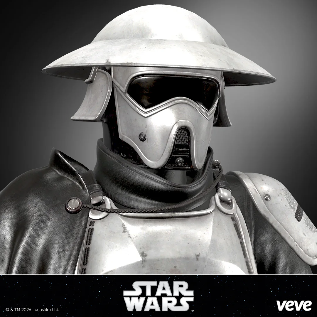 Nahaufnahme des Star Wars Edo Scout Trooper Helms auf VeVe mit Schirm, Maske und Rüstungsdetails.