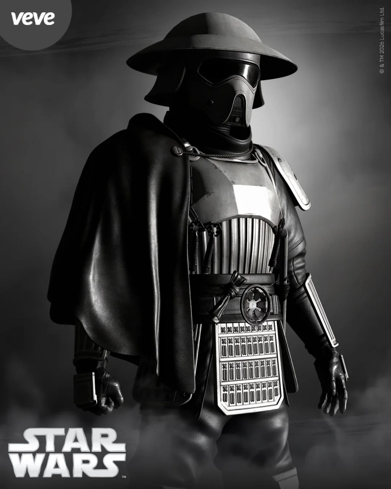 VeVe Star Wars Edo Scout Trooper als dunkles Key Visual mit Edo-inspirierter Rüstung und Star-Wars-Logo.