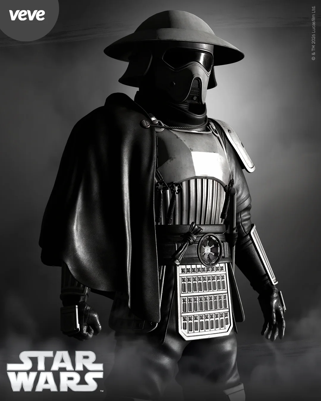 VeVe Star Wars Edo Scout Trooper als dunkles Key Visual mit Edo-inspirierter Rüstung und Star-Wars-Logo.