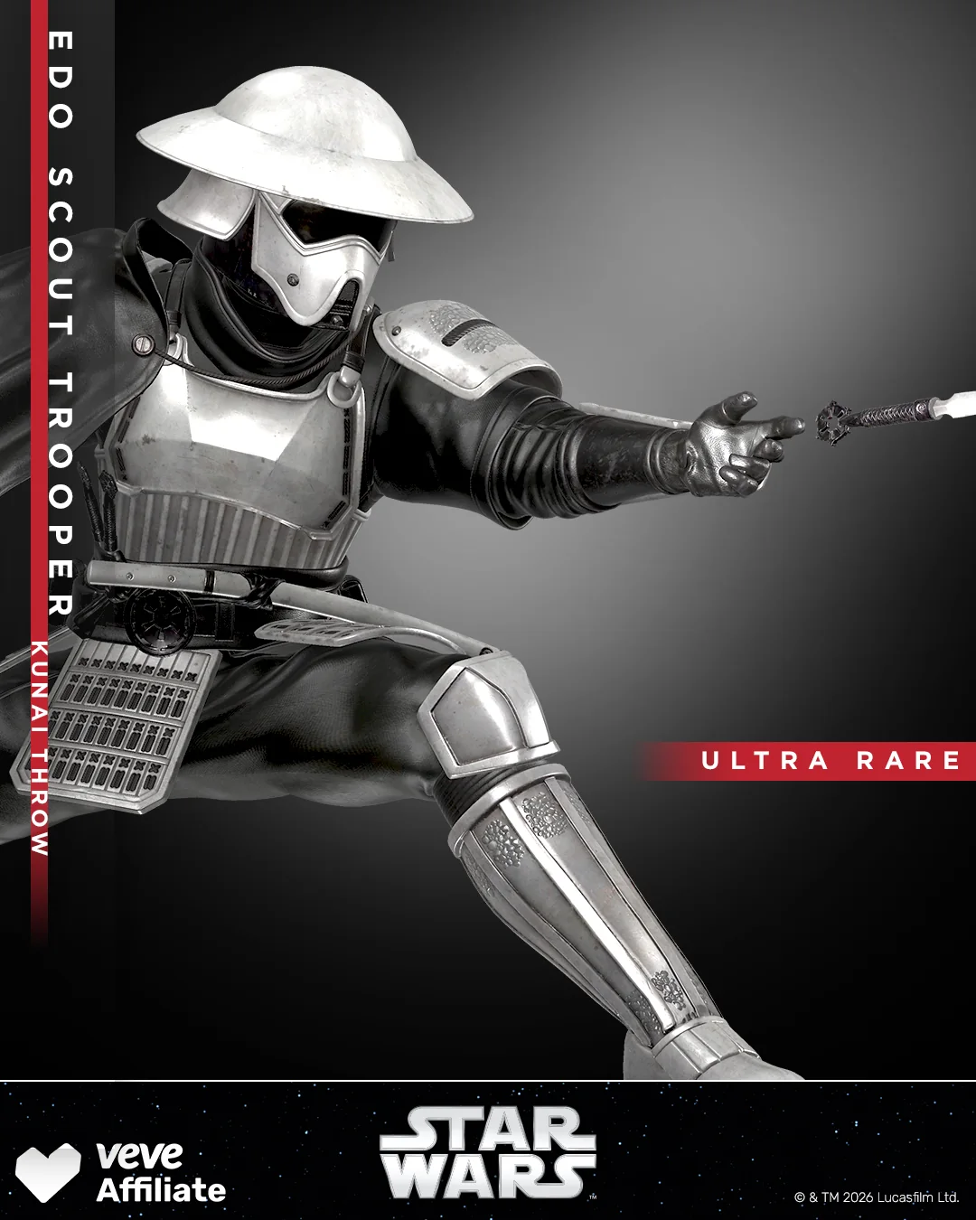 Edo Scout Trooper Kunai Throw als Ultra Rare VeVe Collectible in kniender Actionpose mit Wurfbewegung.