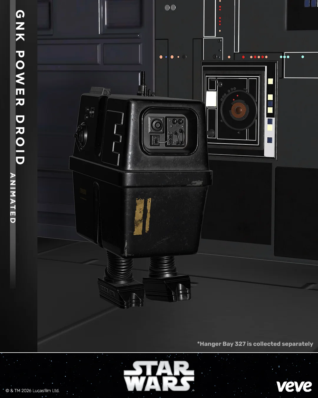 Star Wars GNK Power Droid auf VeVe im Hangar-Setting mit Wanddetails und Hinweis auf Hangar Bay 327.