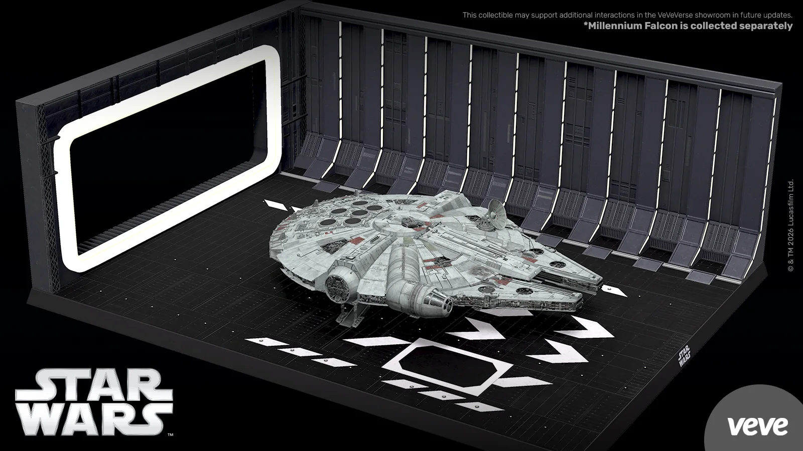 Star Wars Hangar Bay 327 Diorama auf VeVe mit Millennium Falcon als separatem Display-Element.