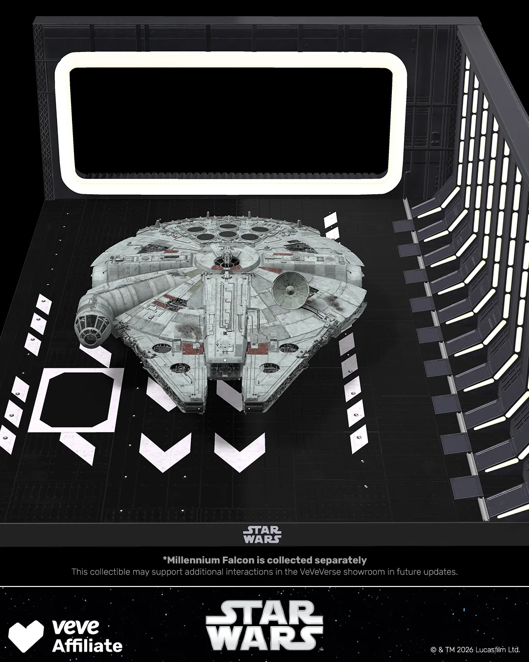 Hangar Bay 327 aus der Draufsicht mit Star-Wars-Diorama, Wandstruktur und separat gezeigtem Millennium Falcon.