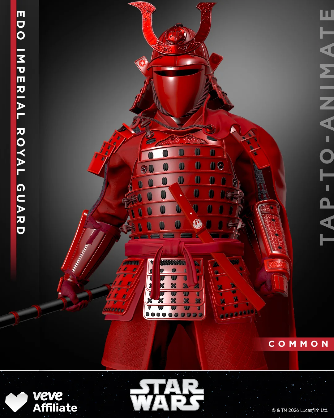 Edo Imperial Royal Guard in frontaler Pose mit Common-Hinweis und Tap-to-Animate-Markierung auf VeVe