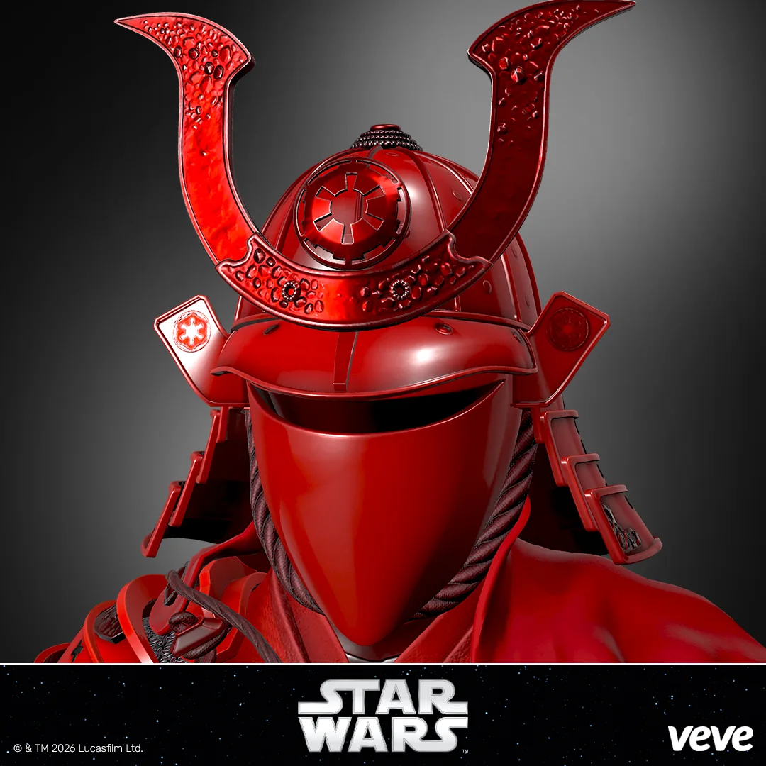 Nahaufnahme des roten Helms des Star Wars Edo Imperial Royal Guard mit Star-Wars- und VeVe-Branding
