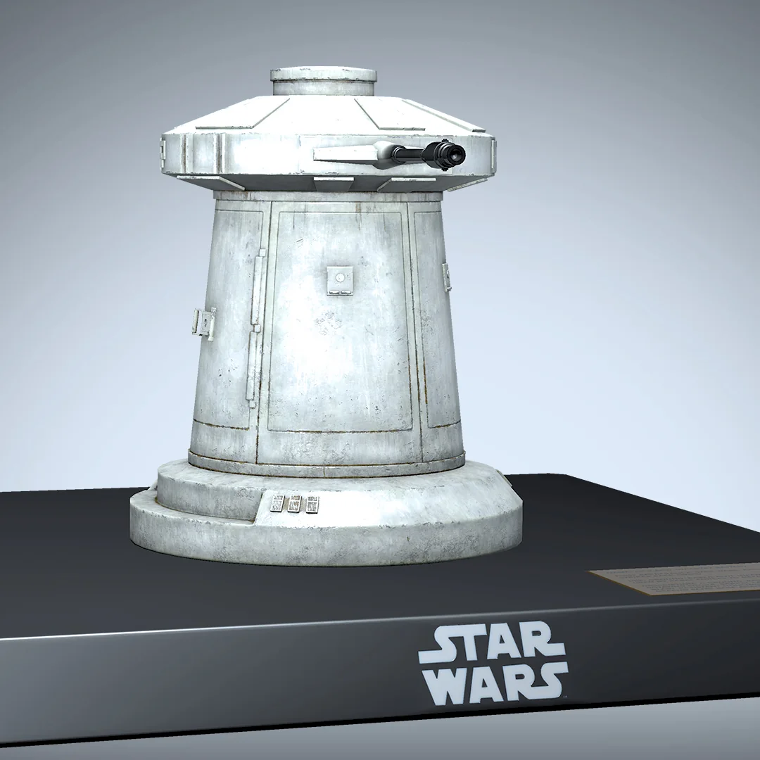 VeVe Star Wars DF9 Turret als Hoth-Verteidigungsturm auf Display-Sockel mit Star Wars Logo.