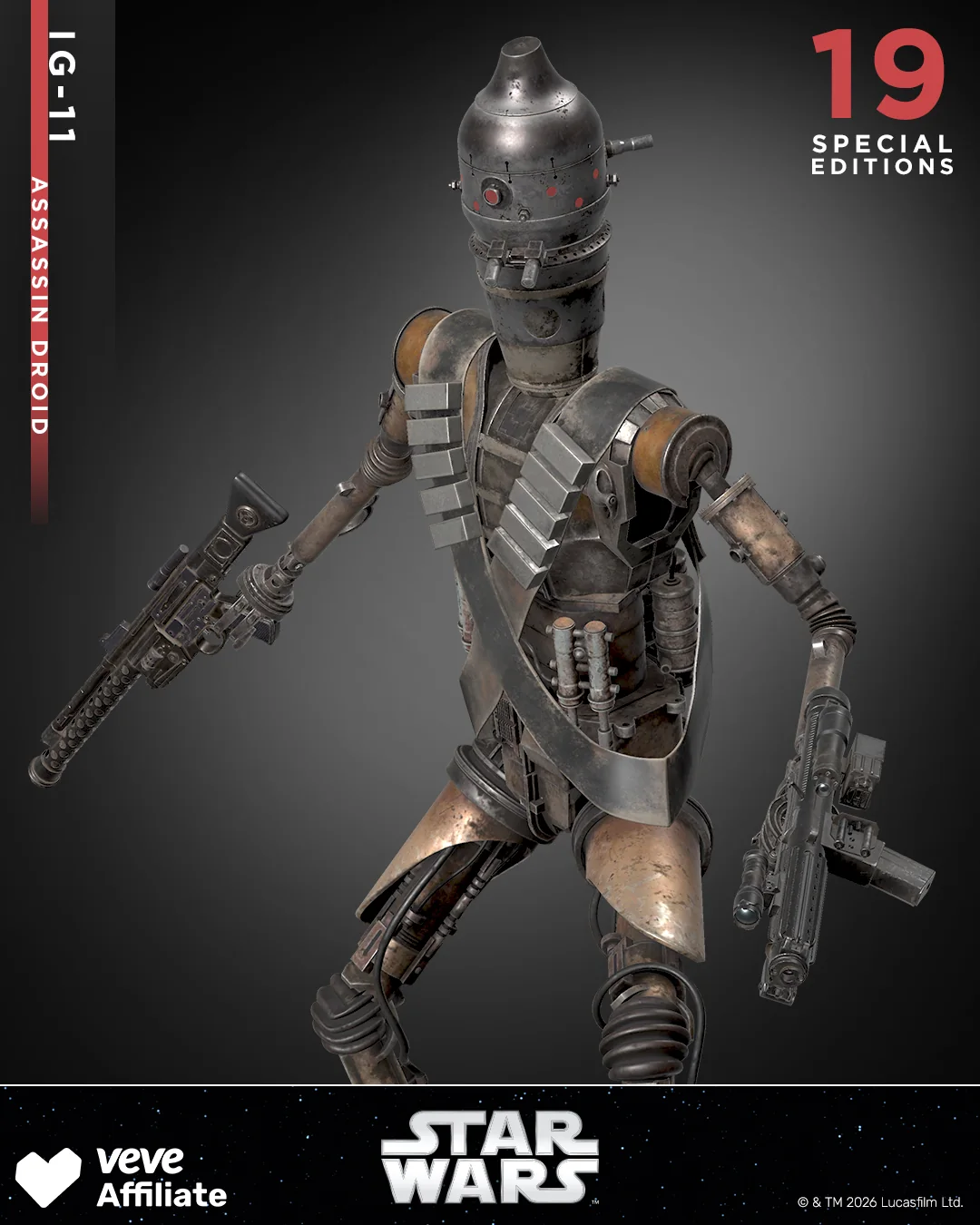 IG-11 als Assassin Droid mit zwei Blastern und Hinweis auf 19 Special Editions im VeVe Star Wars Asset