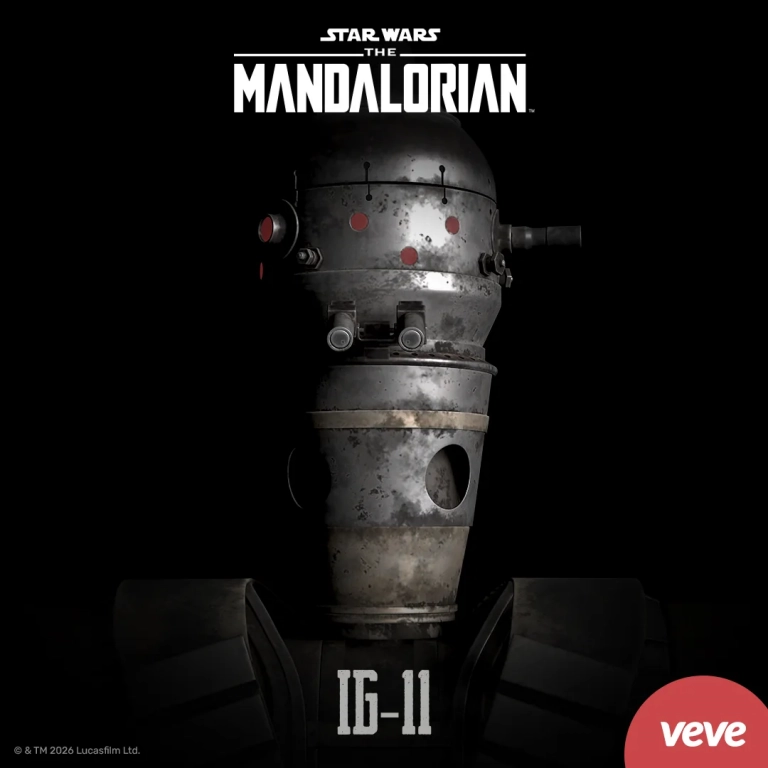 VeVe Key Visual zu Star Wars The Mandalorian IG-11 mit Droiden-Porträt und Serienlogo