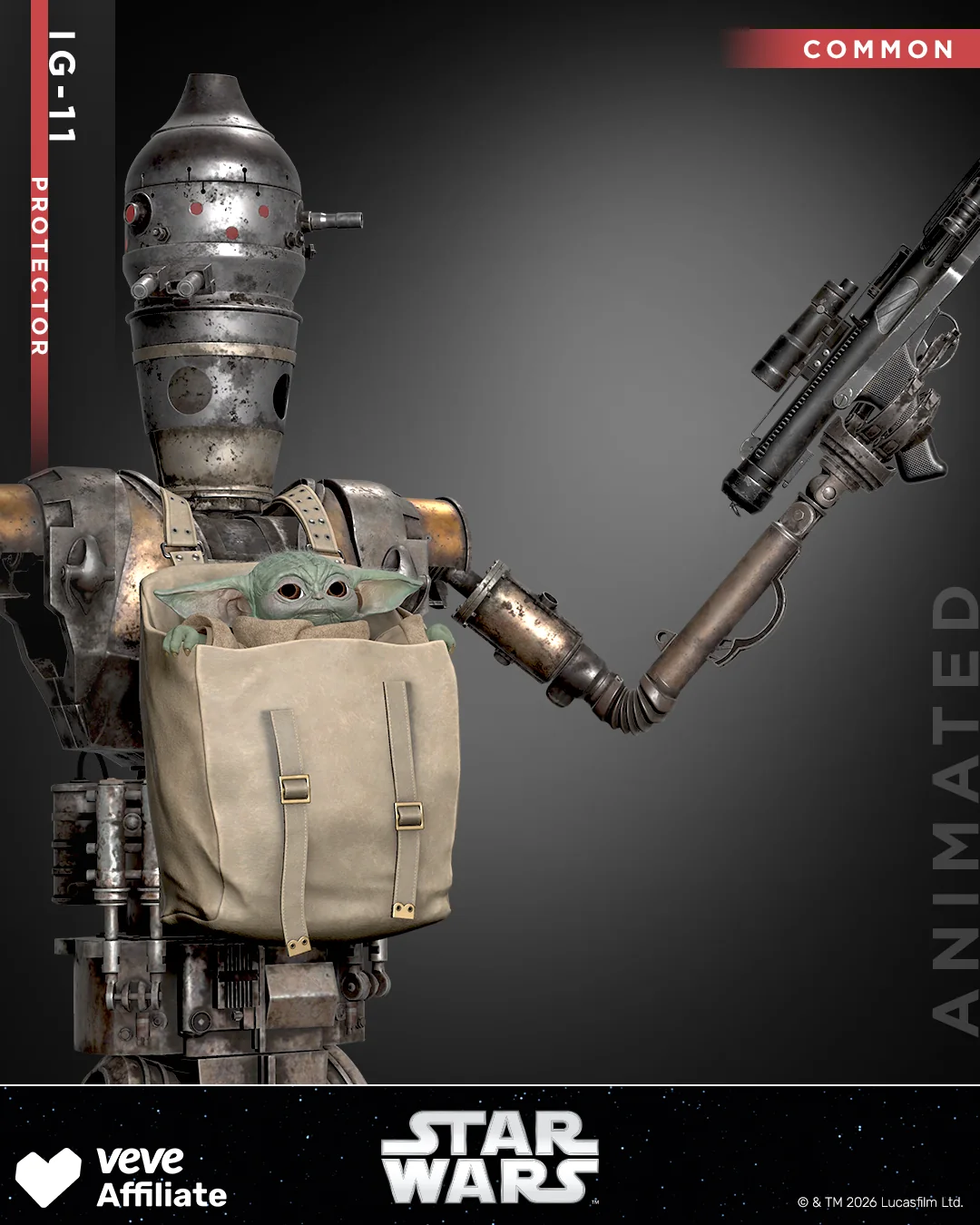 IG-11 als Protector mit Grogu im Tragebeutel, Blaster und Common-Hinweis im VeVe Star Wars Asset