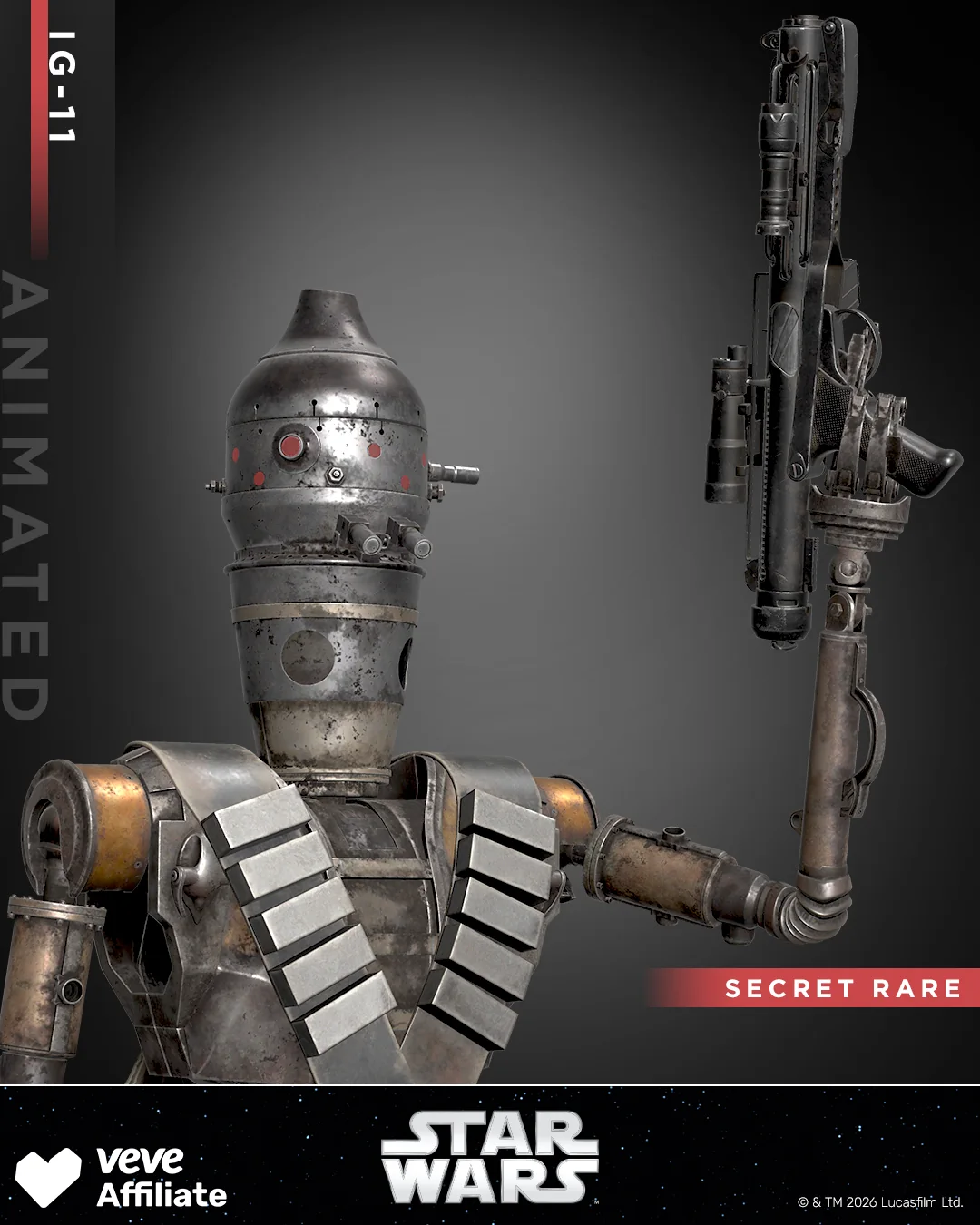 IG-11 mit erhobenem Blaster in der Secret Rare Variante des VeVe Star Wars Digital Collectibles