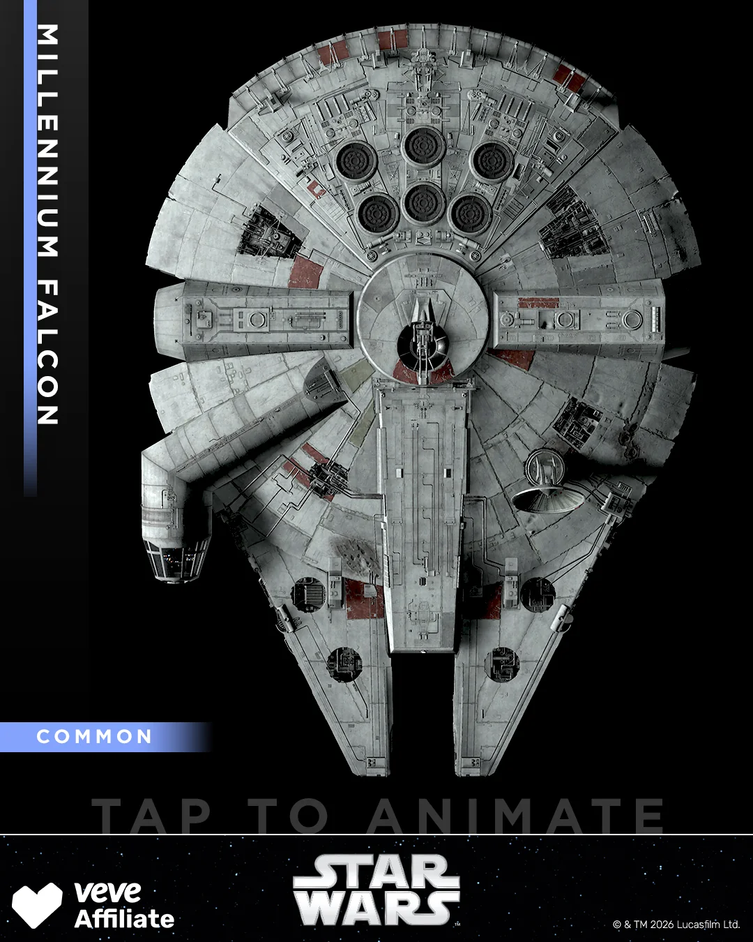 Draufsicht des Millennium Falcon als VeVe Star Wars Collectible mit Common-Hinweis und Tap-to-Animate-Text.