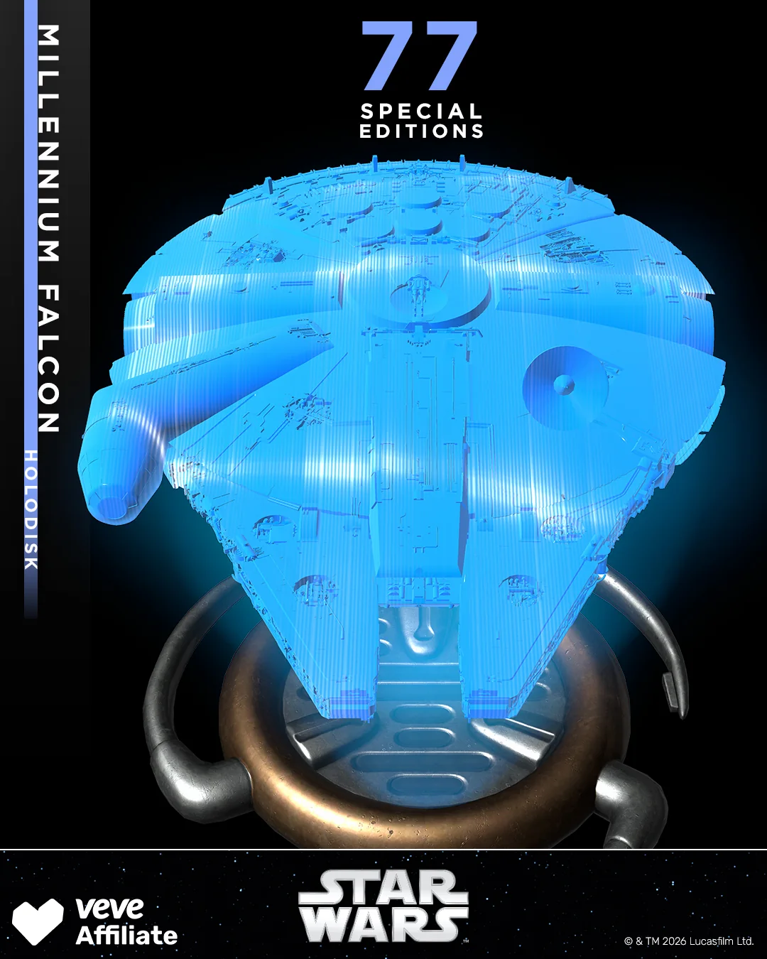 Blauer Millennium Falcon Holodisk als VeVe Star Wars Collectible mit 77 Special Editions.