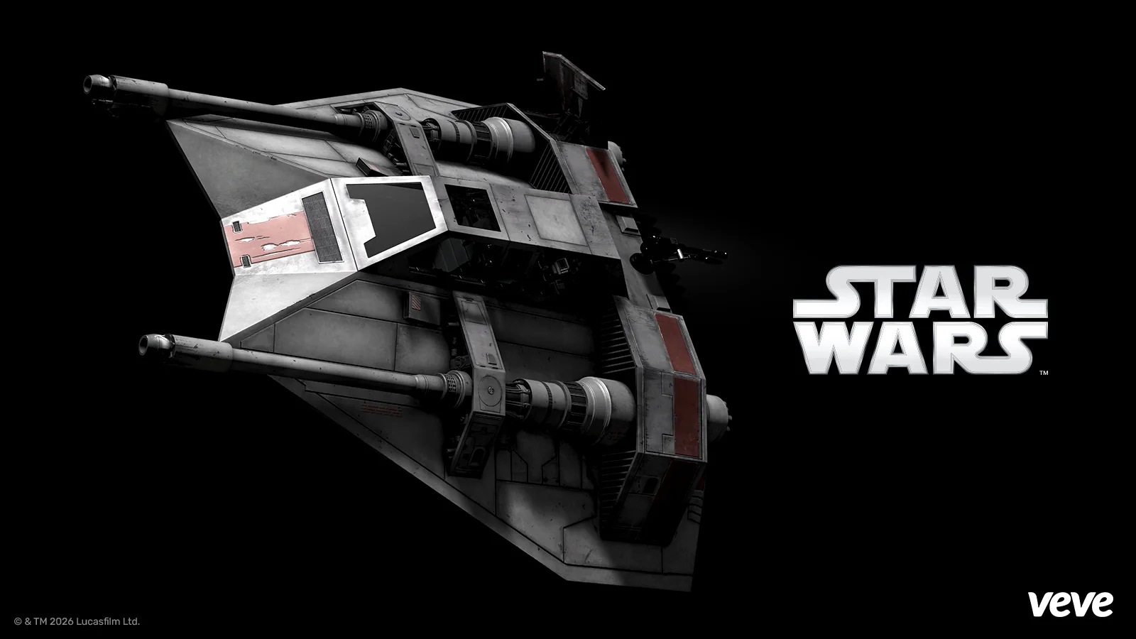 VeVe Star Wars T-47 Airspeeder als digitales Collectible vor schwarzem Hintergrund mit Star-Wars-Logo