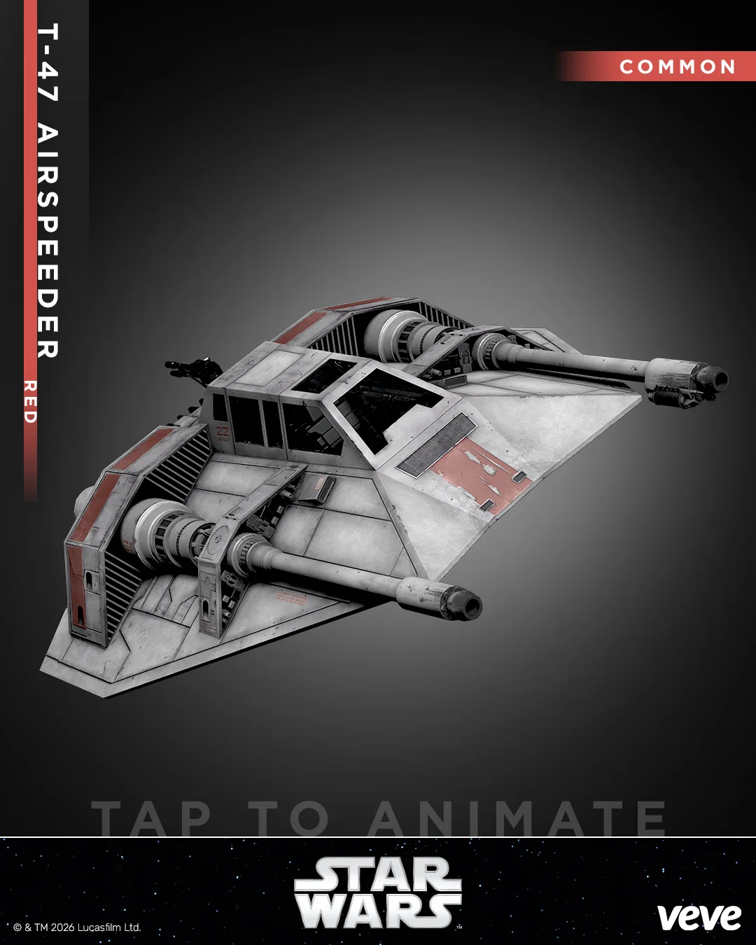 T-47 Airspeeder Red als VeVe Star Wars Collectible mit Common-Hinweis und Detailansicht des Fahrzeugs