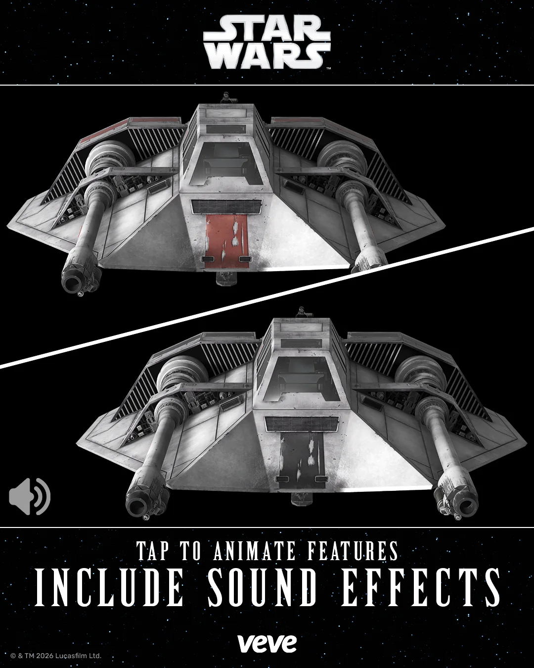 VeVe Star Wars T-47 Airspeeder mit Hinweis auf Tap-to-Animate-Funktionen und Soundeffekte