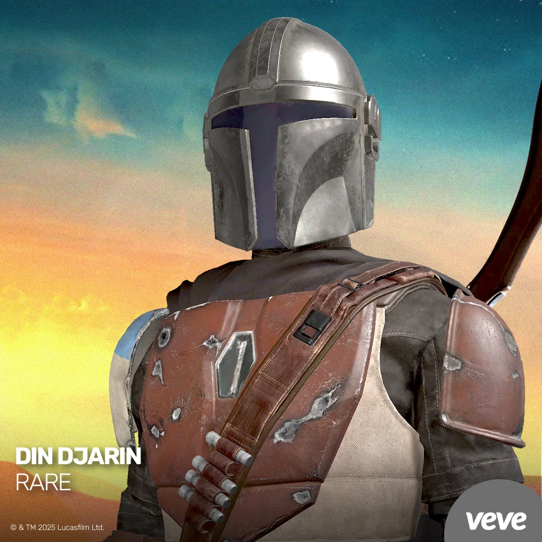 Din Djarin als VeVe Star Wars The Mandalorian Collectible mit Blaster und Rare-Hinweis.