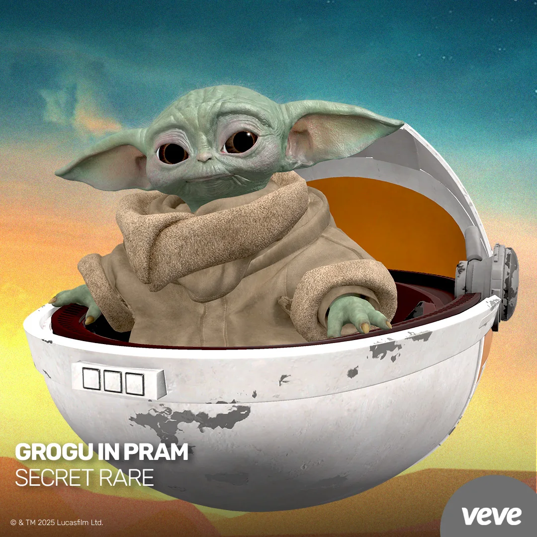 Grogu in Pram als animiertes VeVe Star Wars The Mandalorian Collectible mit Secret-Rare-Hinweis.