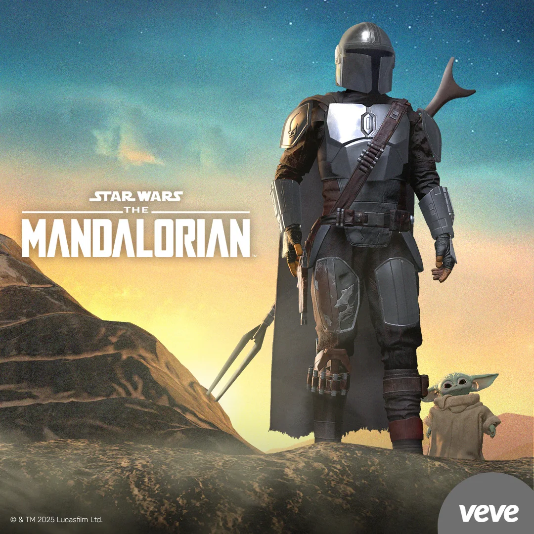 VeVe Star Wars The Mandalorian mit Din Djarin und Grogu vor galaktischer Landschaft.