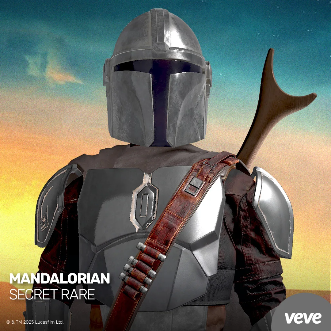 Mandalorian als VeVe Star Wars 3D Collectible in Beskar-Rüstung mit Secret-Rare-Hinweis.