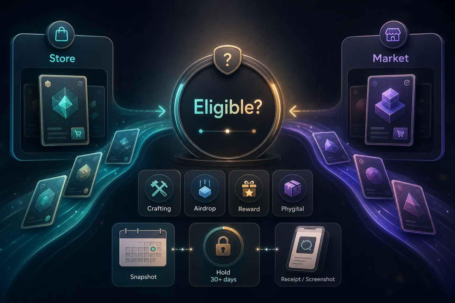 Zwei App-Pfade Store und Market führen zu einer Eligible-Frage mit Crafting-, Airdrop- und Reward-Symbolen.