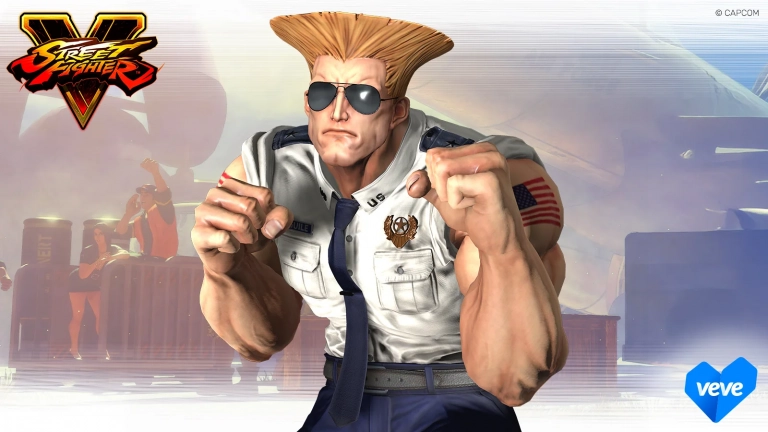 Street Fighter V Guile als VeVe Collectible in Kampfpose vor Jet-Hintergrund mit Capcom-Branding