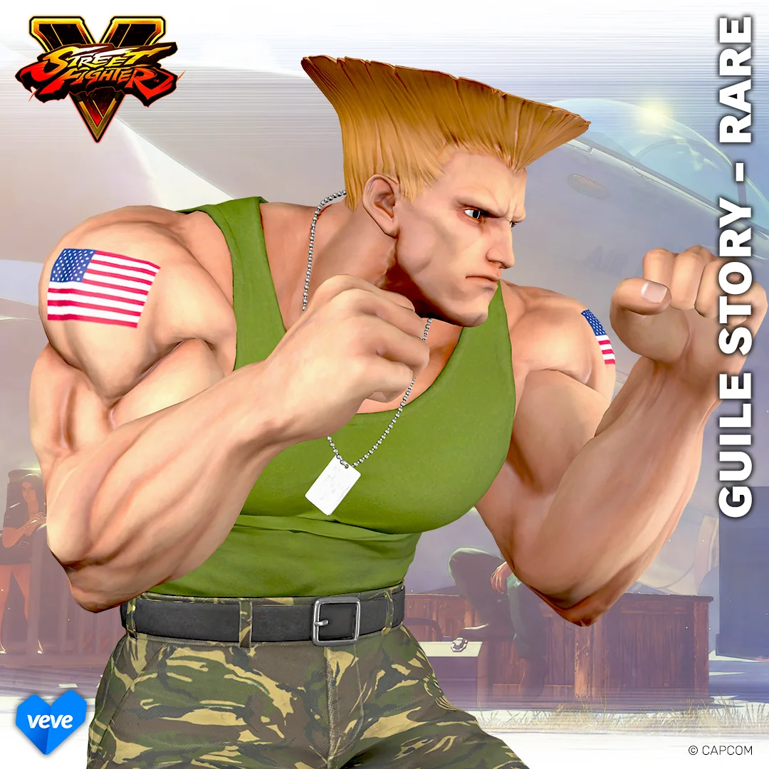 Guile Story Rare Variante als VeVe Street Fighter V Collectible mit grünem Outfit und Kampfpose