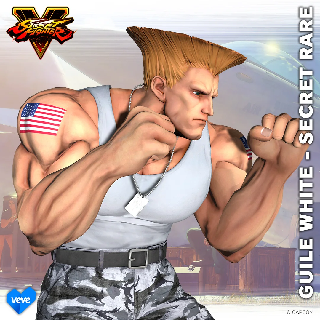 Guile White Secret Rare Variante als VeVe Street Fighter V Collectible in weißem Outfit und Kampfpose