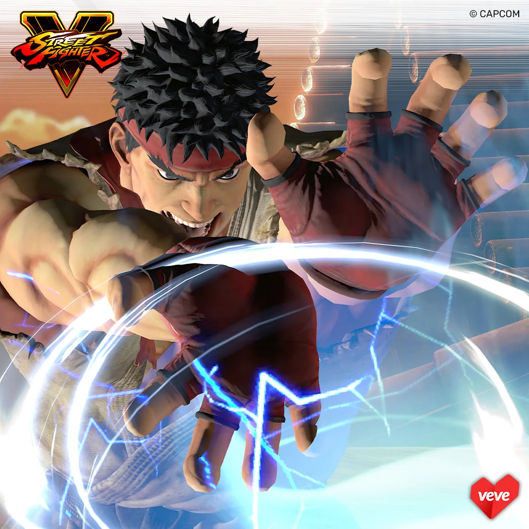 Ryu aus Street Fighter V setzt auf einem VeVe Asset eine Hadouken-ähnliche Energietechnik ein.
