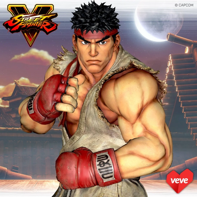 Ryu aus Street Fighter V als VeVe Digital Collectible in Kampfpose vor Arena-Hintergrund mit VeVe Logo.