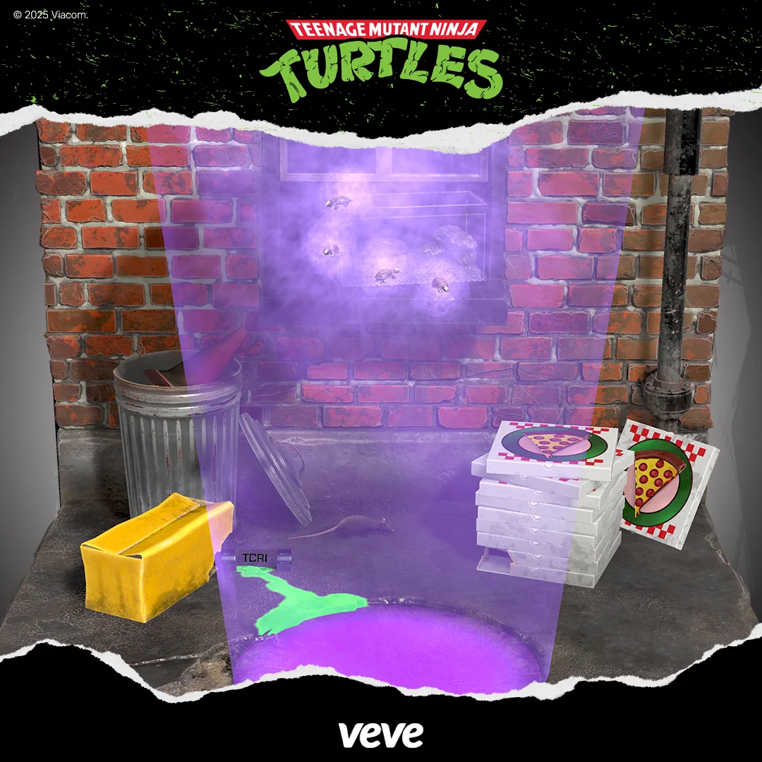 Detailansicht des TMNT Born Below Gold Diorama auf VeVe mit violettem Mutagen-Effekt und Pizza-Boxen