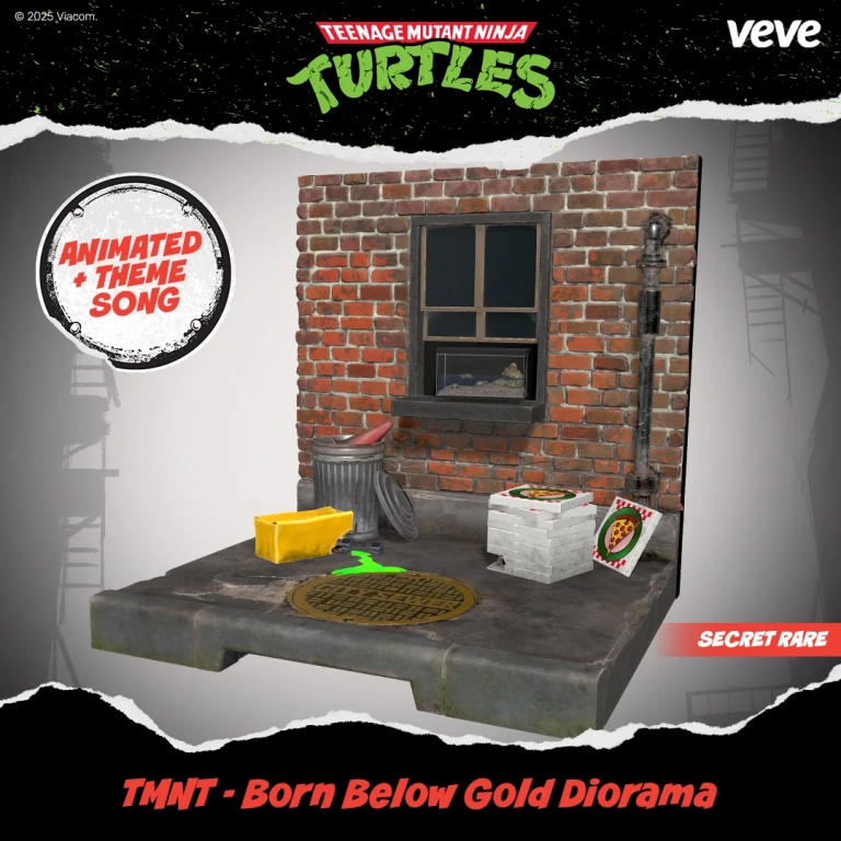 TMNT Born Below Gold Diorama auf VeVe mit Backstein-Szene, Pizza-Requisiten und Secret-Rare-Hinweis