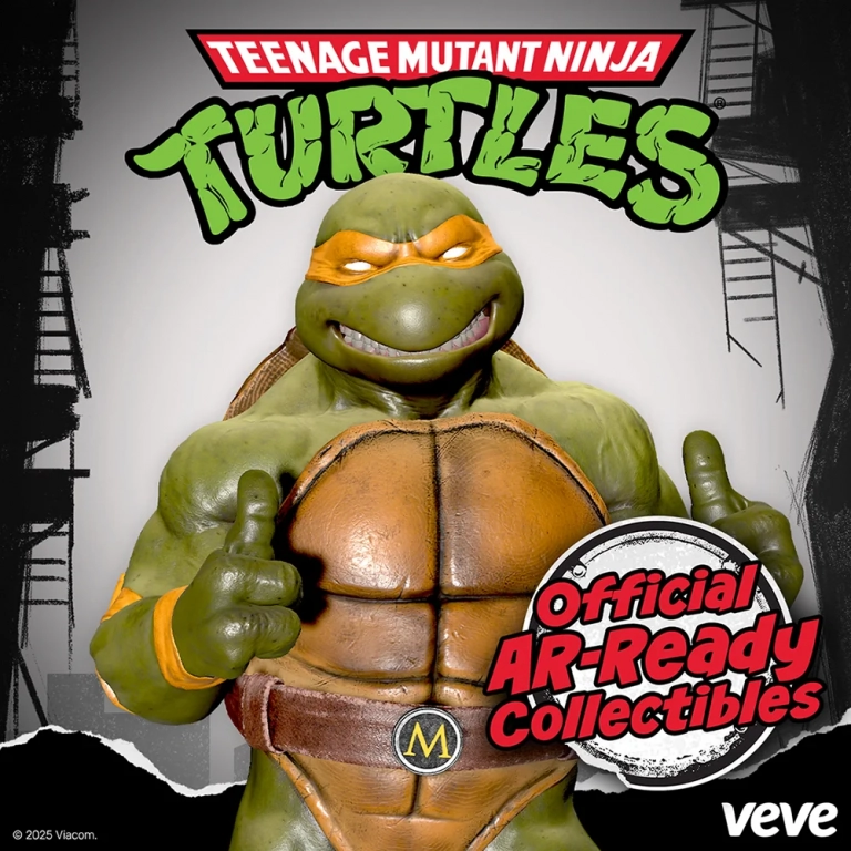 VeVe TMNT Michelangelo als digitales Collectible mit orangefarbener Maske und AR-Ready-Hinweis.