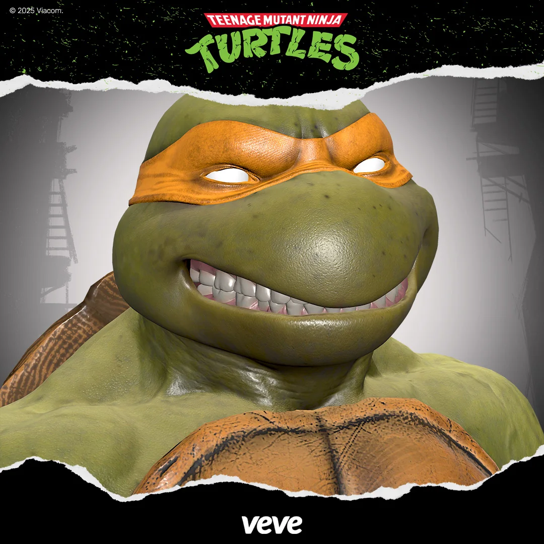 Nahaufnahme von TMNT Michelangelo auf VeVe mit orangefarbener Maske, Grinsen und Shell-Details.