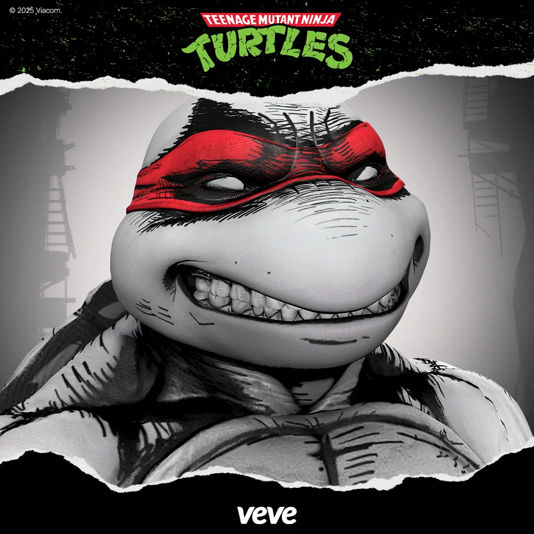 TMNT Michelangelo im schwarzweißen Comic-Stil mit roter Maske als besondere VeVe Collectible-Variante.