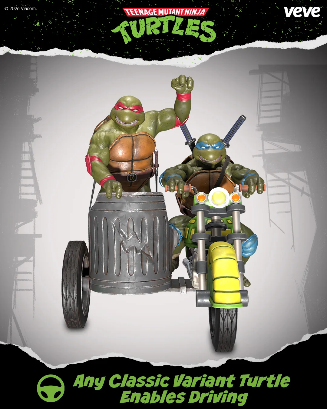 TMNT Turtle Cycle mit zwei Turtles auf Motorrad und Beiwagen als Hinweis auf die Fahrfunktion in VeVe.